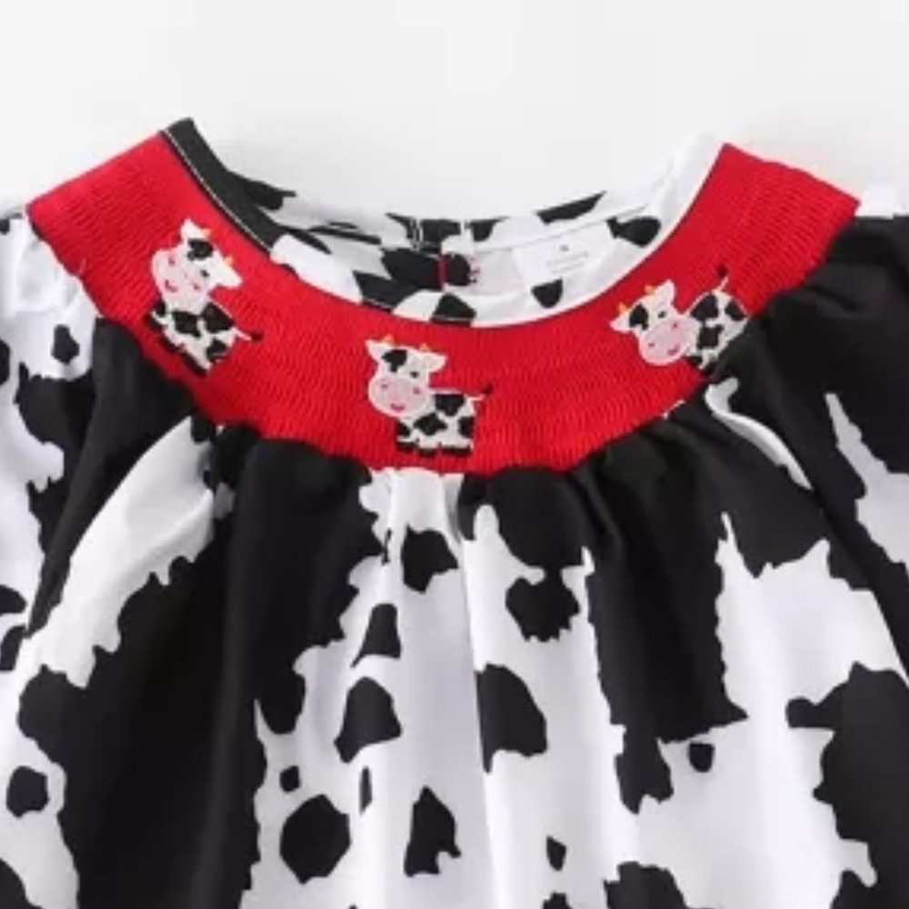 Boutique Farm Cow Print Girls Embroidered Smocked Dress - Picture 2 of 3